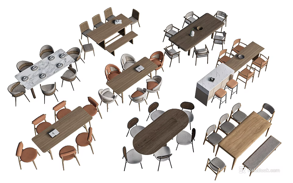 Stylish Modern Dining Table Sets With Wooden Rectangular Round Tops And Comfortable Chairs 3d model