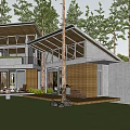 Modern Single Family House Surrounded By Tall Trees With Large Glass Windows And Terrace