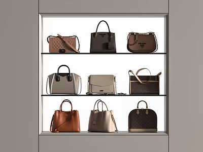 Handbags Displayed on Shelves in Showcase with Various Styles Colors Including Brown Black White Beige 3d model