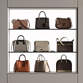 Handbags Displayed on Shelves in Showcase with Various Styles Colors Including Brown Black White Beige