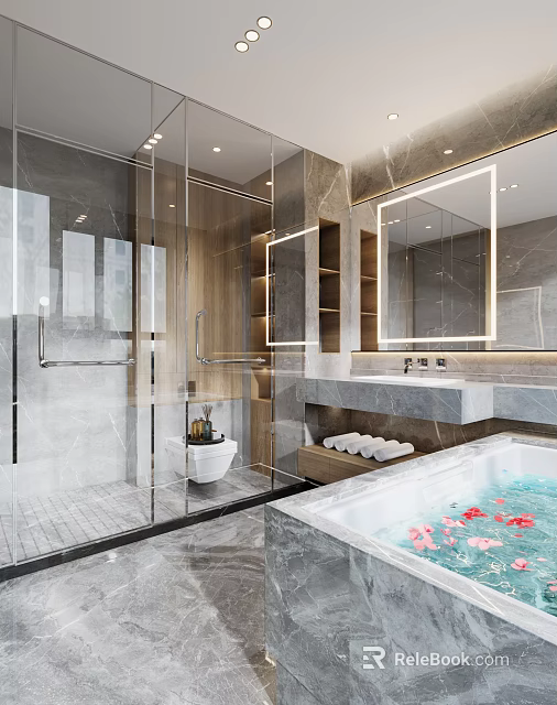 Modern Bathroom with Glass Shower Enclosure Marble Walls Large Mirror Bathtub and Flower Petals 3d model 