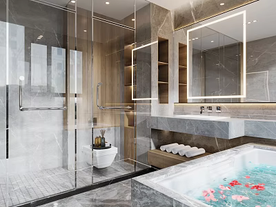Modern Bathroom with Glass Shower Enclosure Marble Walls Large Mirror Bathtub and Flower Petals 3d model