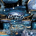 Elegant Banquet Hall With Starry Ceiling Blue Gold Decor And Hanging Lights