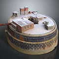 Intricate Circular Fortress Model Featuring Brick Walls And Defensive Buildings