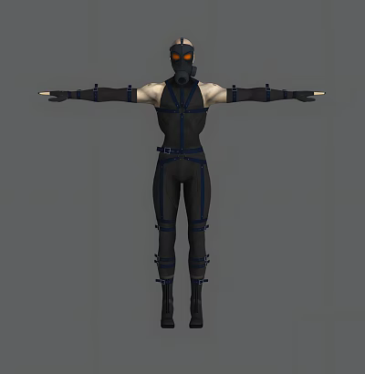 Man In Black Tight Suit With Straps Wearing Mask Arms Outstretched In Gray Background 3d model