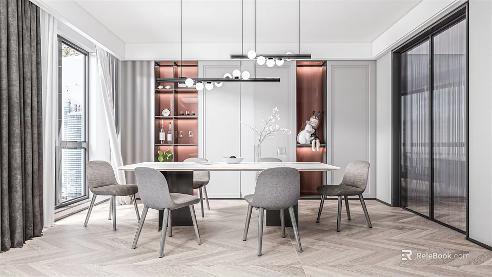 Modern Restaurant Interior Design With Open Layout Dining Table Chairs And Pendant Lights 3d model 