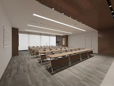 Modern Conference Room Interior With Long Tables Chairs Wooden Elements Ceiling Lights And Carpeted Floor 3d model