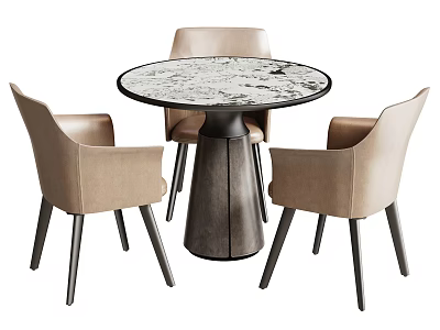 Modern Round Marble Tabletop Dining Set With Beige Armchairs And Dark Base 3d model