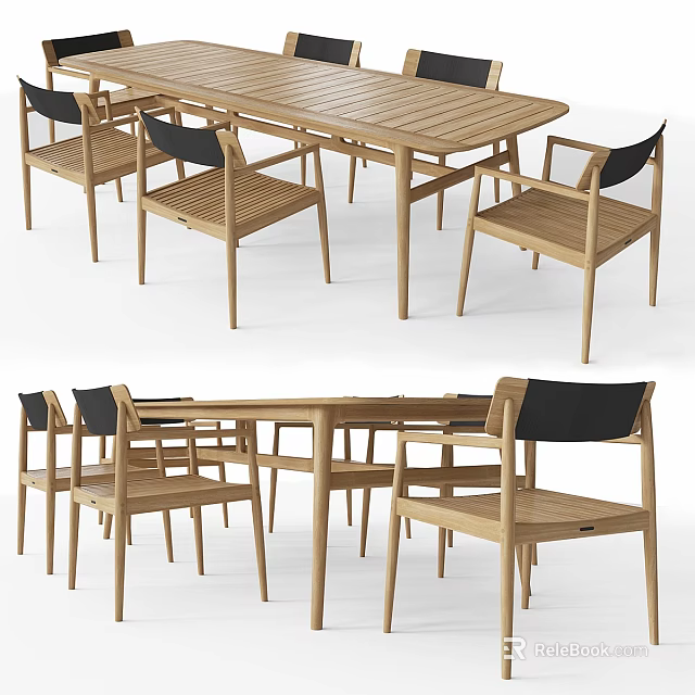 Modern Wooden Dining Set With Rectangular Table And Chairs Featuring Black Backrests 3d model