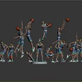Cartoon Scene of Basketball Players Jumping Holding Red Basketballs In Blue Jerseys With Yellow Headbands 3d model