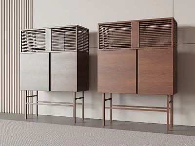 Modern Entryway Cabinet Sideboard with Wooden Lattice Doors Dark Brown Gray and Slim Legs 3d model