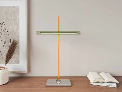 Modern Minimalist Desk Lamp With Wooden Pole Silver Base Green Shade And Open Book On Wooden Table 3d model