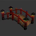 Kids Playground Equipment Red Bridge With Black Lanterns Wooden Deck And Railings 3d model