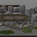 Garden Ornament With Natural Stone Wall Wooden Sign Lush Grass Small Shrubs And Gravel Ground