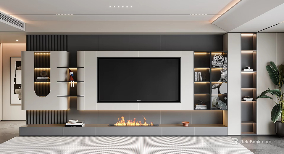 Modern TV Background Cabinet Interior Design With Large Screen Fireplace And Open Shelves 3d model 