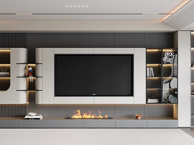 Modern TV Background Cabinet Interior Design With Large Screen Fireplace And Open Shelves 3d model