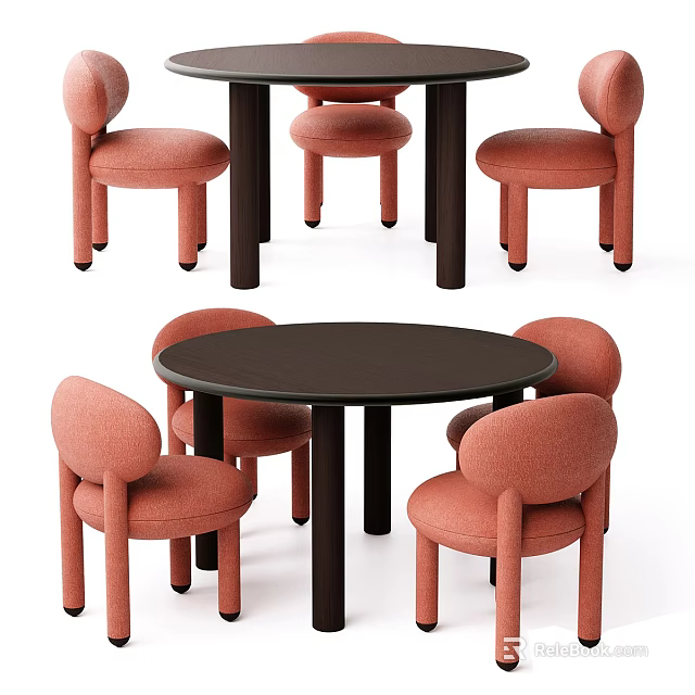Modern Round Dark Brown Dining Table Set With Four Pink Upholstered Chairs 3d model 