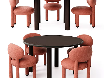 Modern Round Dark Brown Dining Table Set With Four Pink Upholstered Chairs 3d model