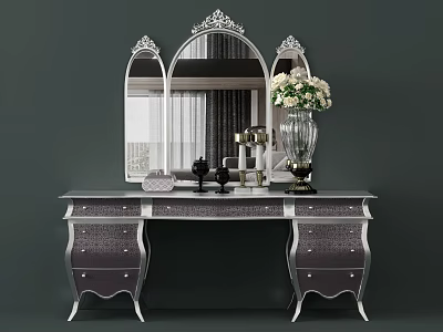 Elegant Dressing Table with Ornate Mirror Silver Accents Drawers and White Flower Vase 3d model
