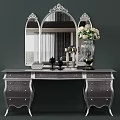 Elegant Dressing Table with Ornate Mirror Silver Accents Drawers and White Flower Vase
