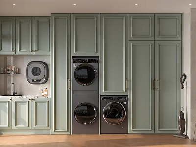 Stylish Laundry Room Interior With Green Cabinets Washing Machine Dryer And Sink 3d model