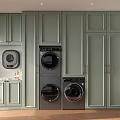 Stylish Laundry Room Interior With Green Cabinets Washing Machine Dryer And Sink