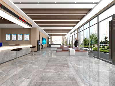 Spacious Modern Service Hall With Counters Screens Waiting Area And Large Windows 3d model