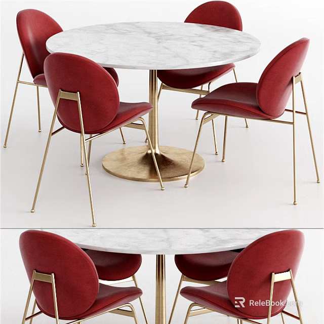 Round Marble Dining Table Set With Red Chairs And Gold Legs 3d model