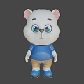 Cute White Cartoon Bear Character With Pink Ears Blue Eyes Blue Shirt And Brown Shorts