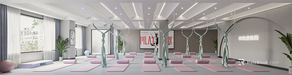 Modern Yoga Studio Interior With Pink Yoga Mats Aerial Hammocks Pilates Sign And Bright Lighting 3d model 
