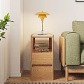 Wooden Coffee Table With Green Sofa Yellow Lamp White Cup And Shelves With Books Basket