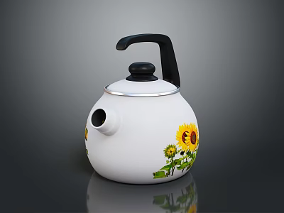 Decorative White Teapot With Sunflower Pattern Black Handle And Silver Rim 3d model