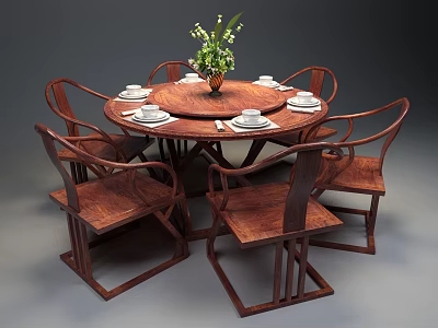 Chinese Style Round Wooden Dining Table Set With Six Chairs And Flower Vase 3d model