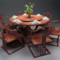 Chinese Style Round Wooden Dining Table Set With Six Chairs And Flower Vase