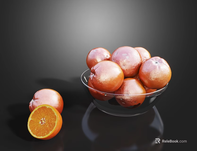 Fresh Oranges in Glass Bowl with Sliced and Whole Fruits on Black Background 3d model 