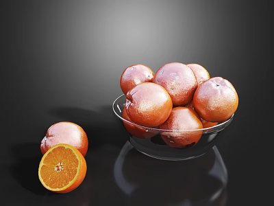 Fresh Oranges in Glass Bowl with Sliced and Whole Fruits on Black Background 3d model
