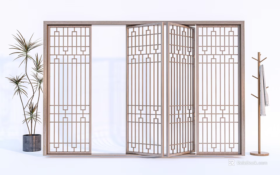Modern Folding Screen With Wooden Frame And Geometric Grid Pattern For Interior 3d model