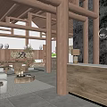 Hotel Lobby Interior With Wooden Pillars Reception Counter Sofa Seating And Warm Lighting