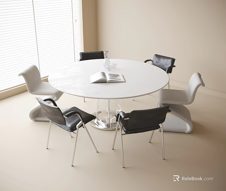 Modern White Round Dining Table with Black Gray Chairs and Metal Legs 3d model 