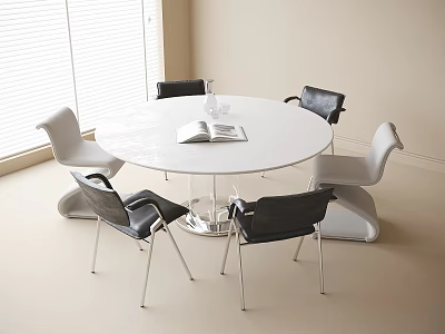Modern White Round Dining Table with Black Gray Chairs and Metal Legs 3d model