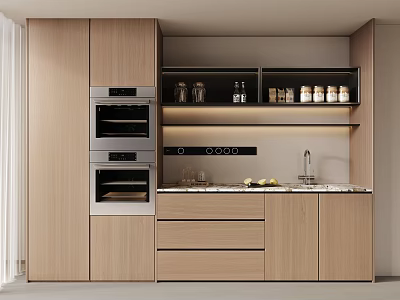 Modern Wooden Sideboard With Built In Ovens Open Shelves Jars Cups And Countertop Sink 3d model