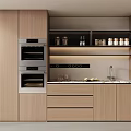 Modern Wooden Sideboard With Built In Ovens Open Shelves Jars Cups And Countertop Sink