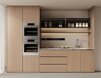 Modern Wooden Sideboard With Built In Ovens Open Shelves Jars Cups And Countertop Sink 3d model