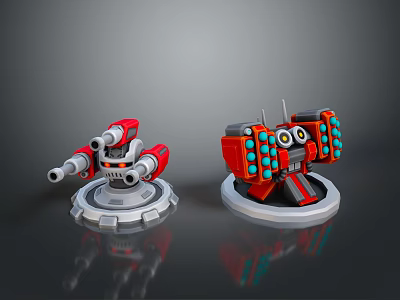 Red Mechanical Devices Scenery With Blue Details And Silver Bases 3d model