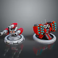 Red Mechanical Devices Scenery With Blue Details And Silver Bases