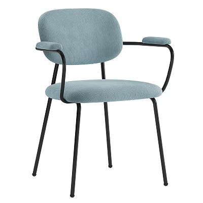 Modern Single Chair With Light Blue Striped Fabric Upholstery And Black Metal Armrests Legs 3d model