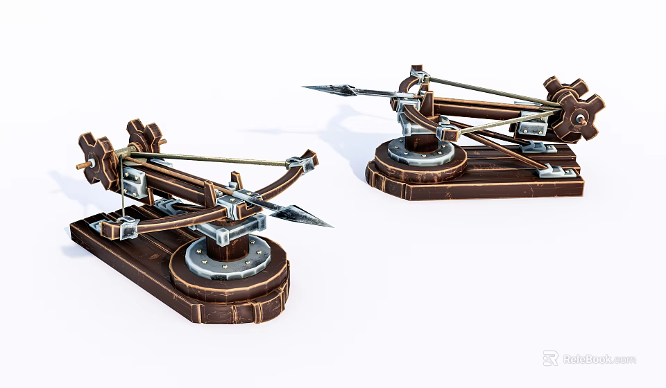 Miniature Catapult Weapon Models With Wooden Base Metal Structure And Arrow Shaped Projectiles 3d model 