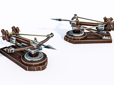 Miniature Catapult Weapon Models With Wooden Base Metal Structure And Arrow Shaped Projectiles 3d model