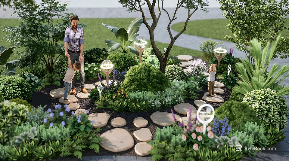Outdoor Children's Play Area With Stone Path Green Plants And Family Interaction 3d model 