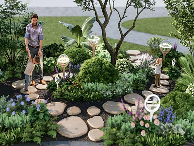 Outdoor Children's Play Area With Stone Path Green Plants And Family Interaction 3d model